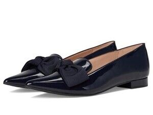 Bandolino Auggie Bow Pointed Toe Patent Tailored Loafers Women's 8.5 Navy SlipOn